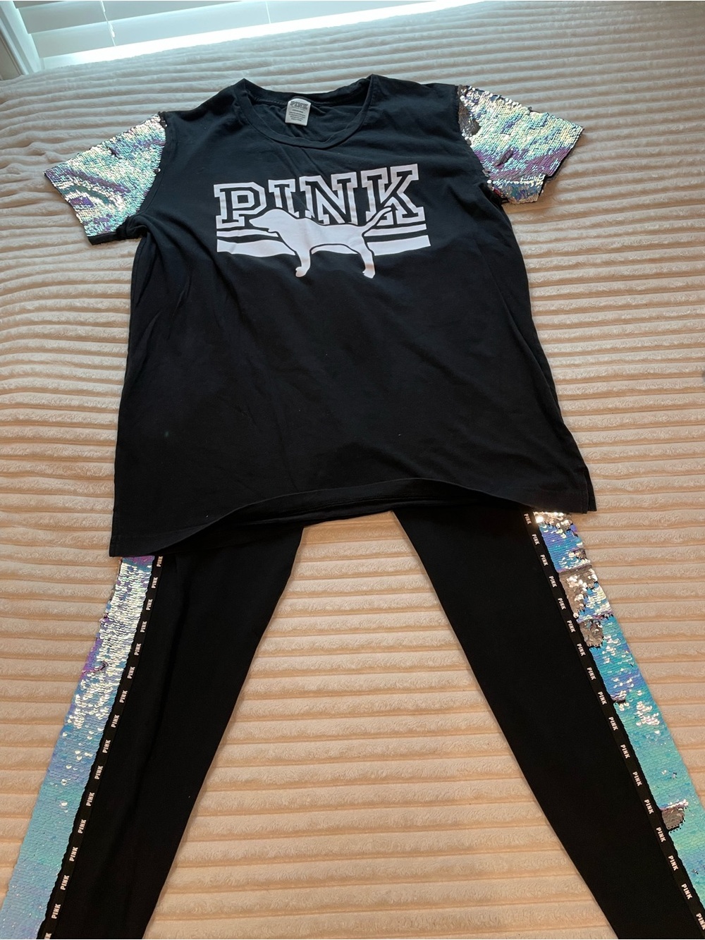 PINK Victoria's Secret Black Tee with Iridescent Sequin Sleeves